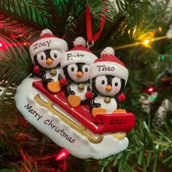3.75" Family Of 3 Penguins On Sled Personalized Christmas Ornament OR1915-3