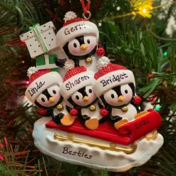 4.25" Family Of 4 Penguins On Sled Personalized Christmas Ornament OR1915-4