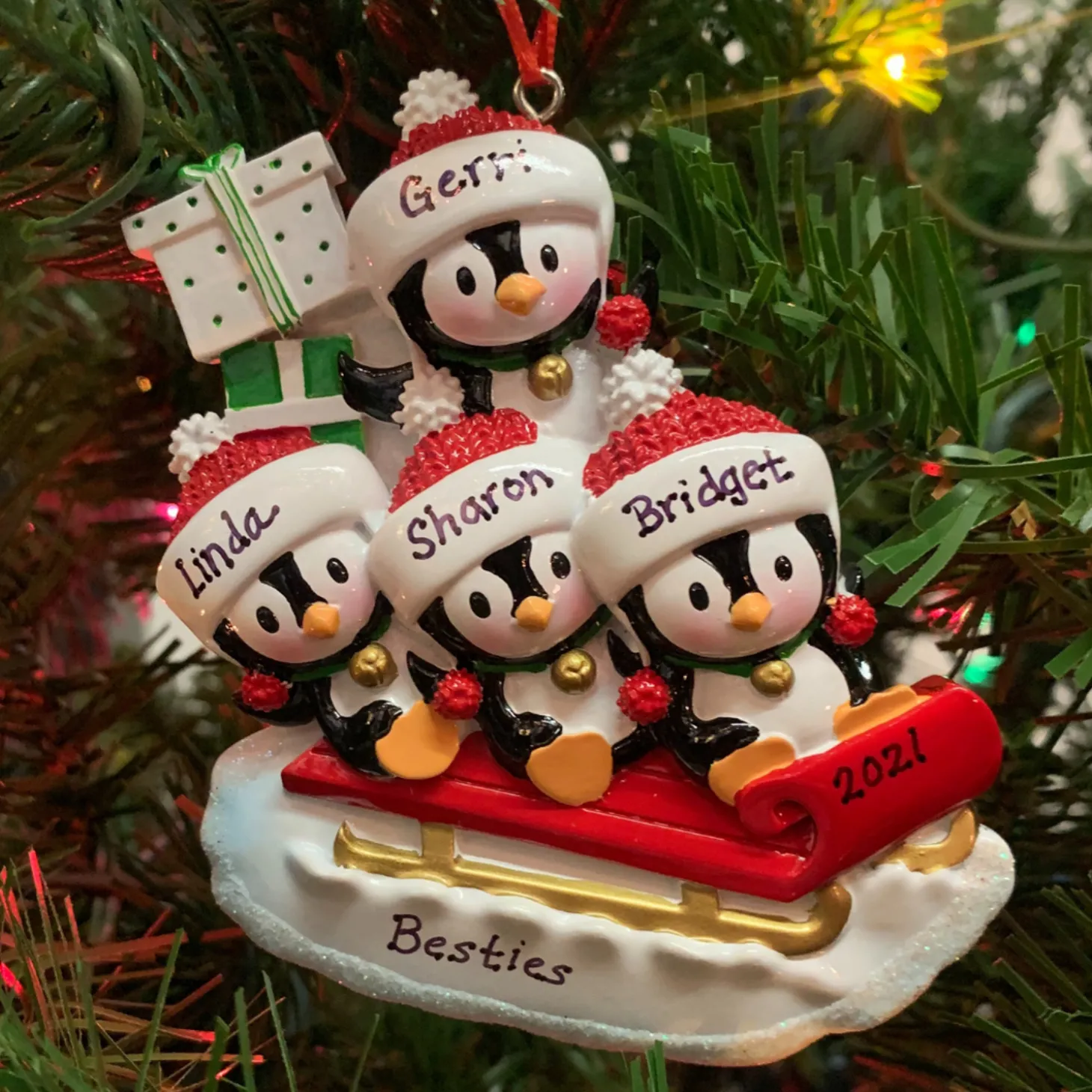 4.25" Family Of 4 Penguins On Sled Personalized Christmas Ornament OR1915-4