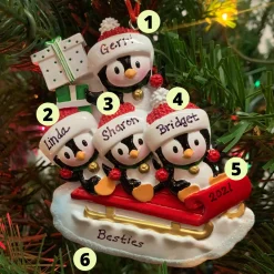 4.25" Family Of 4 Penguins On Sled Personalized Christmas Ornament OR1915-4