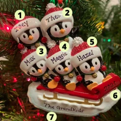 4.25" Family Of 5 Penguins On Sled Personalized Christmas Ornament OR1915-5