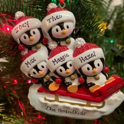 4.25" Family Of 5 Penguins On Sled Personalized Christmas Ornament OR1915-5