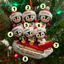 4.5" Family Of 6 Penguins On Sled Personalized Christmas Ornament OR1915-6