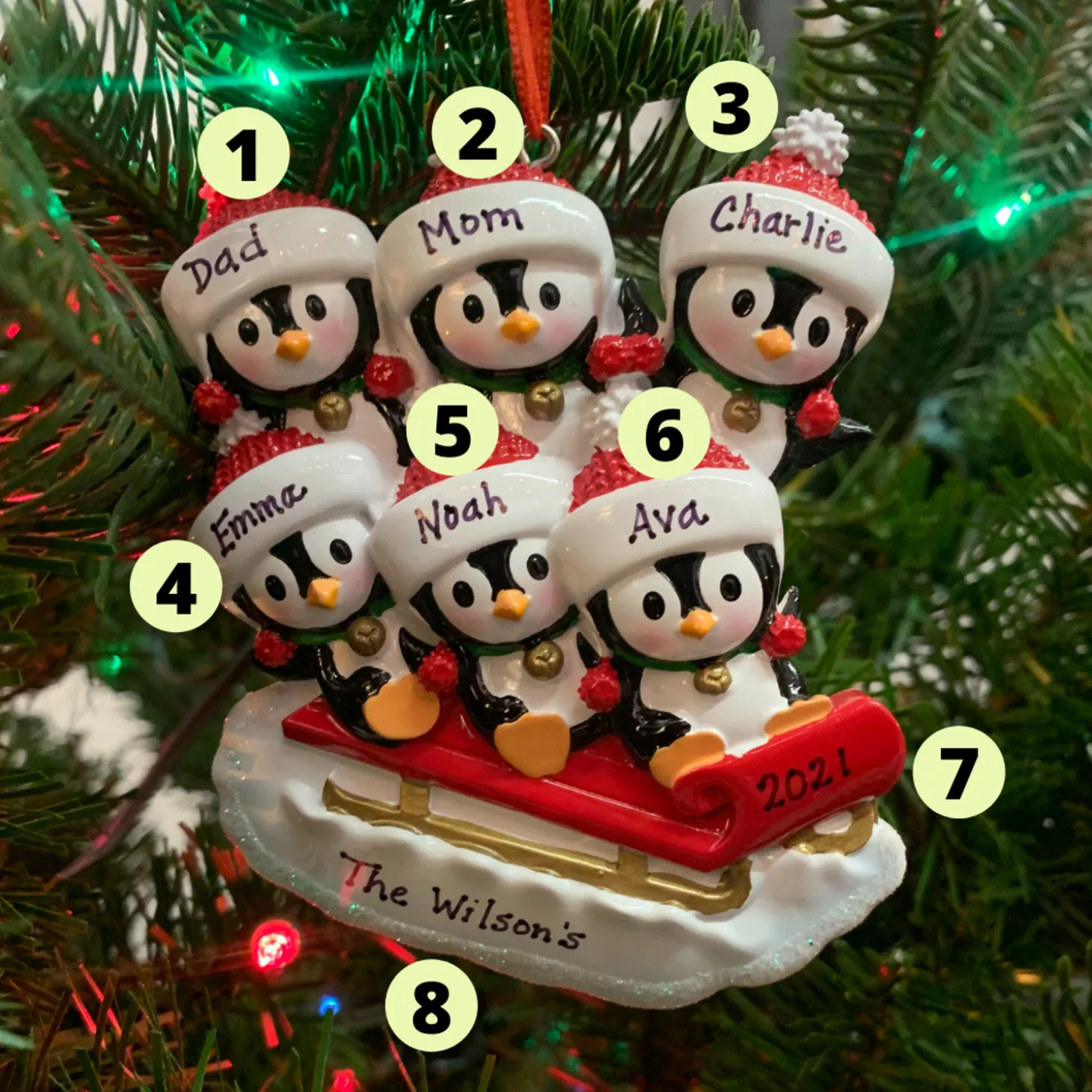 4.5" Family Of 6 Penguins On Sled Personalized Christmas Ornament OR1915-6