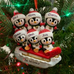 4.5" Family Of 6 Penguins On Sled Personalized Christmas Ornament OR1915-6