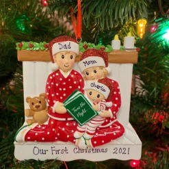4.25" Family Of 3 Reading In Bed Personalized Christmas Ornament OR2025-3