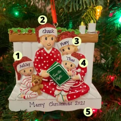 4.5" Family Of 4 Reading In Bed Personalized Christmas Ornament OR2025-4