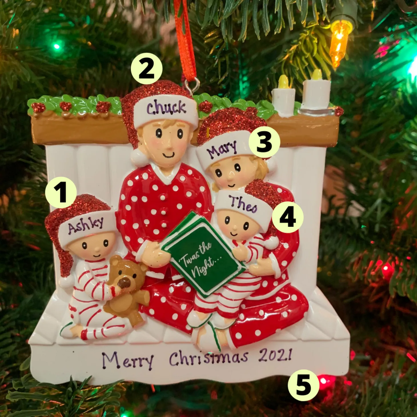 4.5" Family Of 4 Reading In Bed Personalized Christmas Ornament OR2025-4