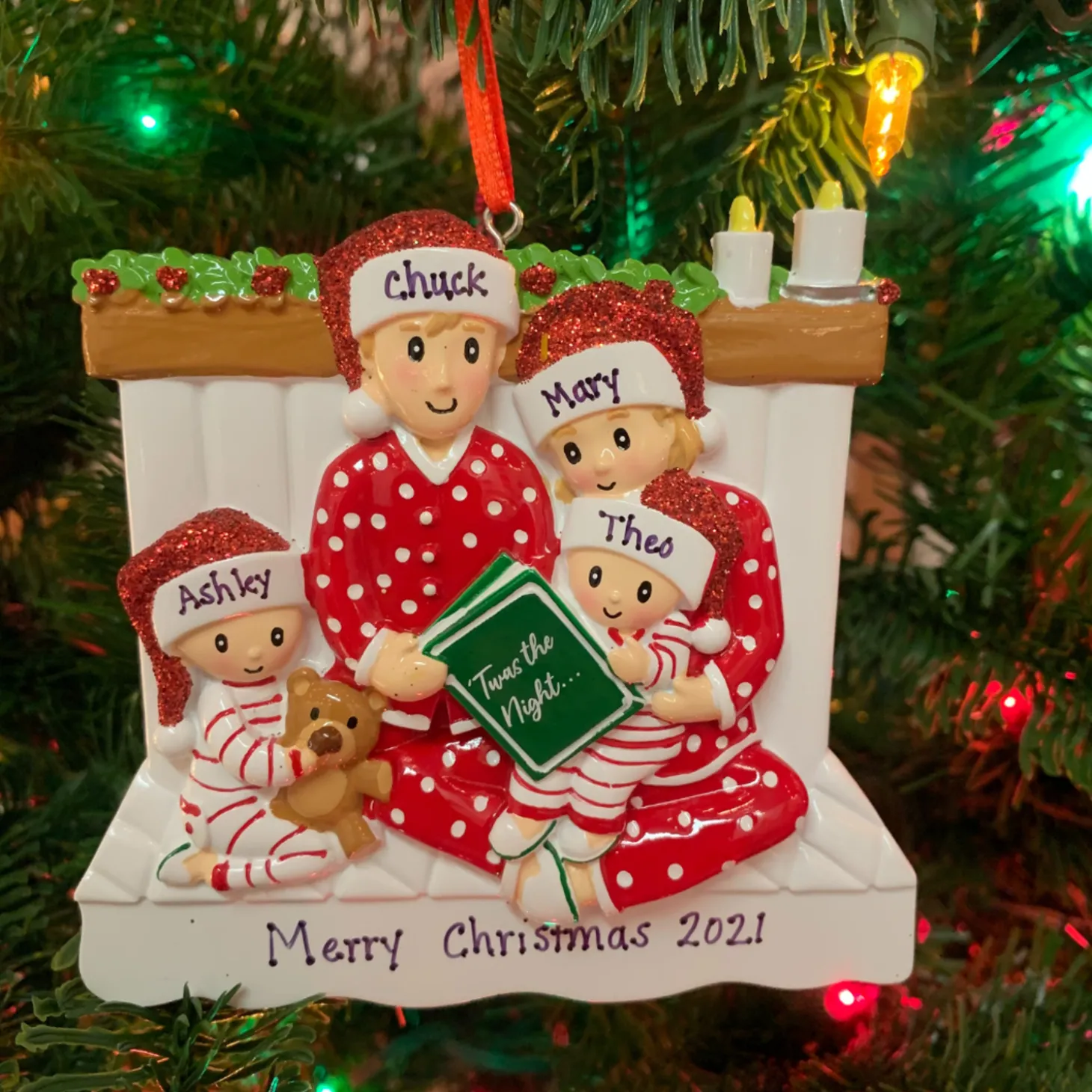 4.5" Family Of 4 Reading In Bed Personalized Christmas Ornament OR2025-4