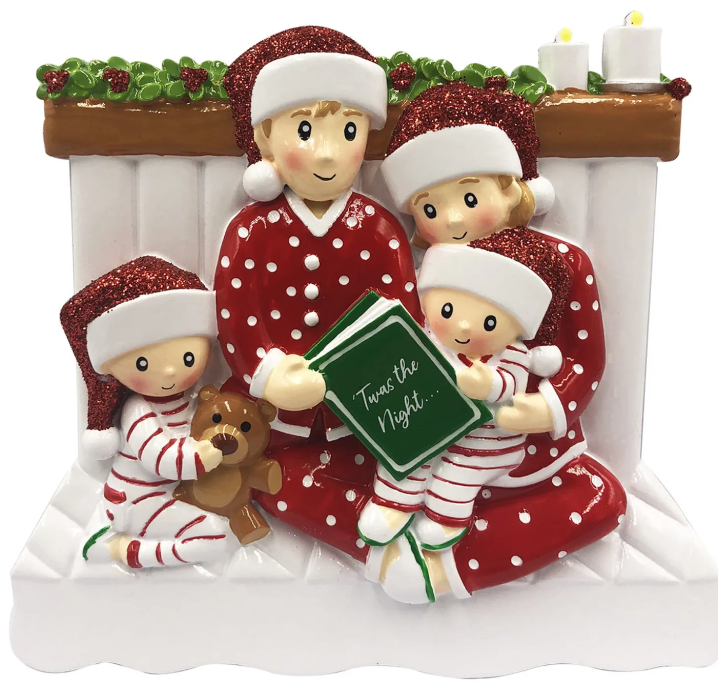 4.5" Family Of 4 Reading In Bed Personalized Christmas Ornament OR2025-4