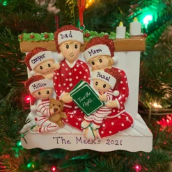 4.5" Family Of 5 Reading In Bed Personalized Christmas Ornament OR2025-5