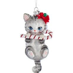 5" Noble Gems Cat With Candy Cane Glass Christmas Ornament NB1668