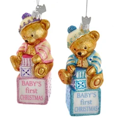 5" Noble Gems Pink Or Blue Baby's First Christmas Baby Bear Glass Christmas Ornament NB1675