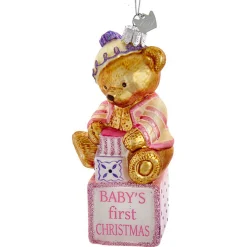 5" Noble Gems Pink Or Blue Baby's First Christmas Baby Bear Glass Christmas Ornament NB1675