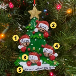African American Christmas Tree Family Of 4 Personalized Christmas Ornament AA827-4