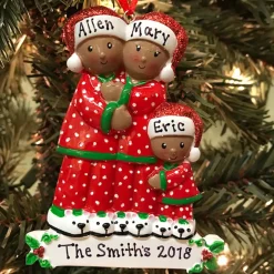 African American Pajama Family Of 3 Personalized Christmas Ornament