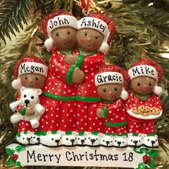 African American Pajama Family Of 5 Personalized Christmas Ornament