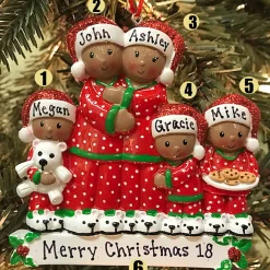 African American Pajama Family Of 5 Personalized Christmas Ornament