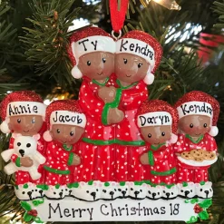 African American Pajama Family Of 6 Personalized Christmas Ornament