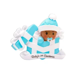 Baby Boy In Blue Present Personalized Christmas Ornament AA1330-B