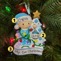 Baby Decorating A Tree Blue Personalized Christmas Ornament OR1847-B