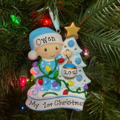 Baby Decorating A Tree Blue Personalized Christmas Ornament OR1847-B
