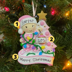 Baby Decorating A Tree Pink Personalized Christmas Ornament OR1847-P