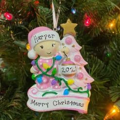 Baby Decorating A Tree Pink Personalized Christmas Ornament OR1847-P