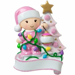 Baby Decorating A Tree Pink Personalized Christmas Ornament OR1847-P