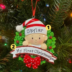 Baby In A Red And Green Wreath Personalized Christmas Ornament OR1746-RG