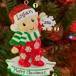 Baby In Red And Green Pajamas Holding Snowflake Personalized Christmas Ornament OR1920-RG