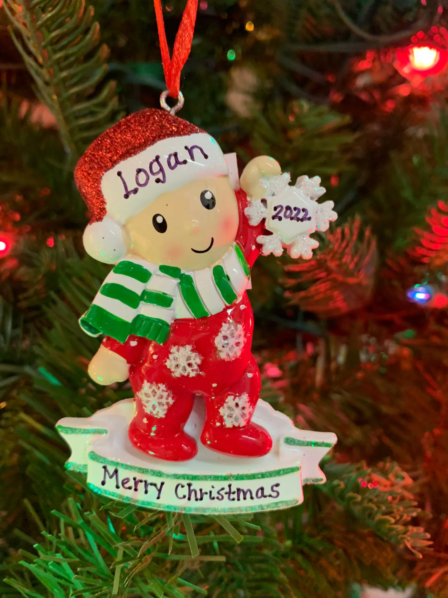 Baby In Red And Green Pajamas Holding Snowflake Personalized Christmas Ornament OR1920-RG