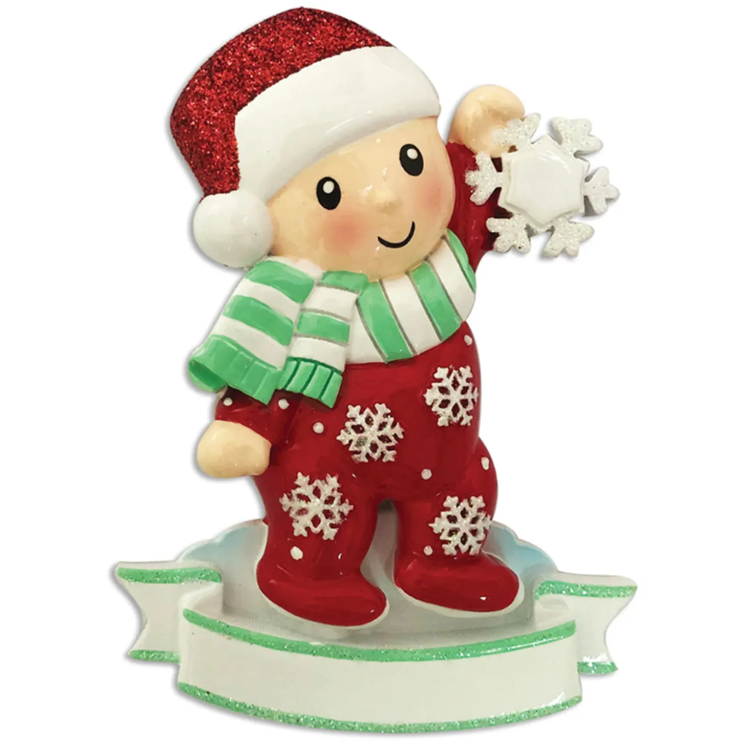 Baby In Red And Green Pajamas Holding Snowflake Personalized Christmas Ornament OR1920-RG