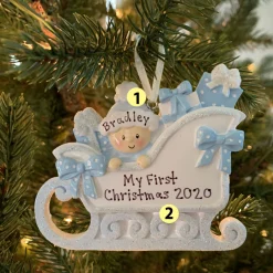 Baby's First Christmas Boy In Sleigh Personalized Christmas Ornament OR1649-B