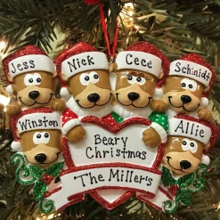 Bear Family Of 6 With Heart Personalized Christmas Ornament