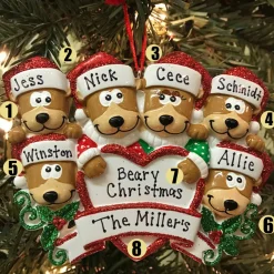 Bear Family Of 6 With Heart Personalized Christmas Ornament