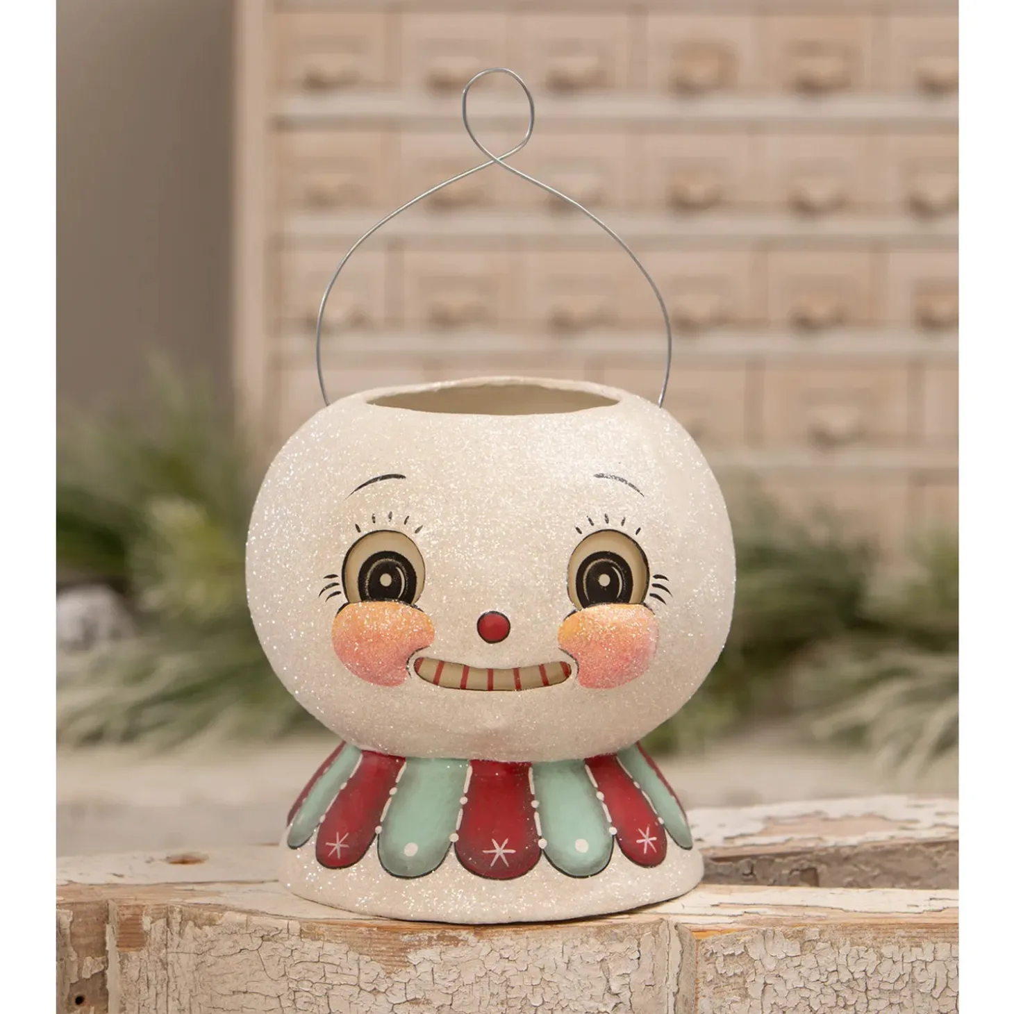 Bethany Lowe 7.75" Minty Beau Snow Glow Lantern Bucket Christmas Decoration JP2033