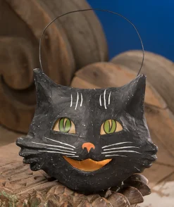 Bethany Lowe 8" Vintage Happy Black Cat Halloween Candy Bucket TJ8661