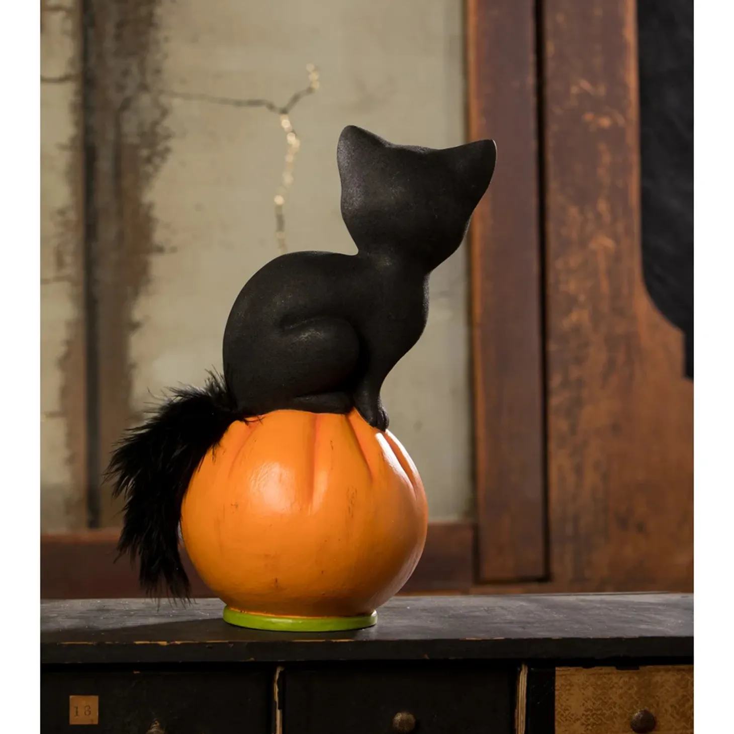 Bethany Lowe 9.5" Vintage Inspired Seated Cat On Pumpkin Halloween Figure TL3361