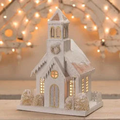 Bethany Lowe Metallic Gold, White, And Silver Glittered Christmas Buildings