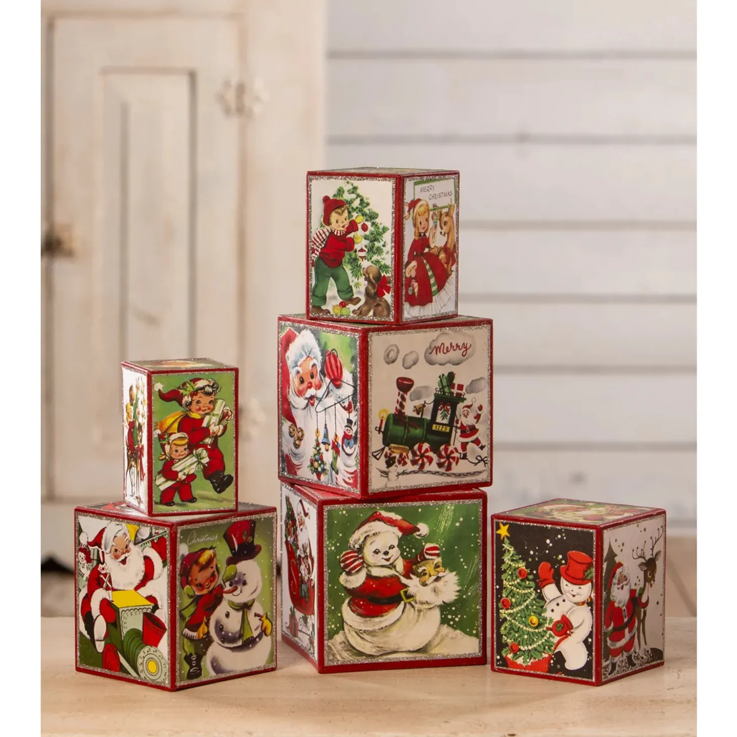 Bethany Lowe Set Of 6 Kitschmas Stacking Blocks Vintage Christmas Decoration TL3364