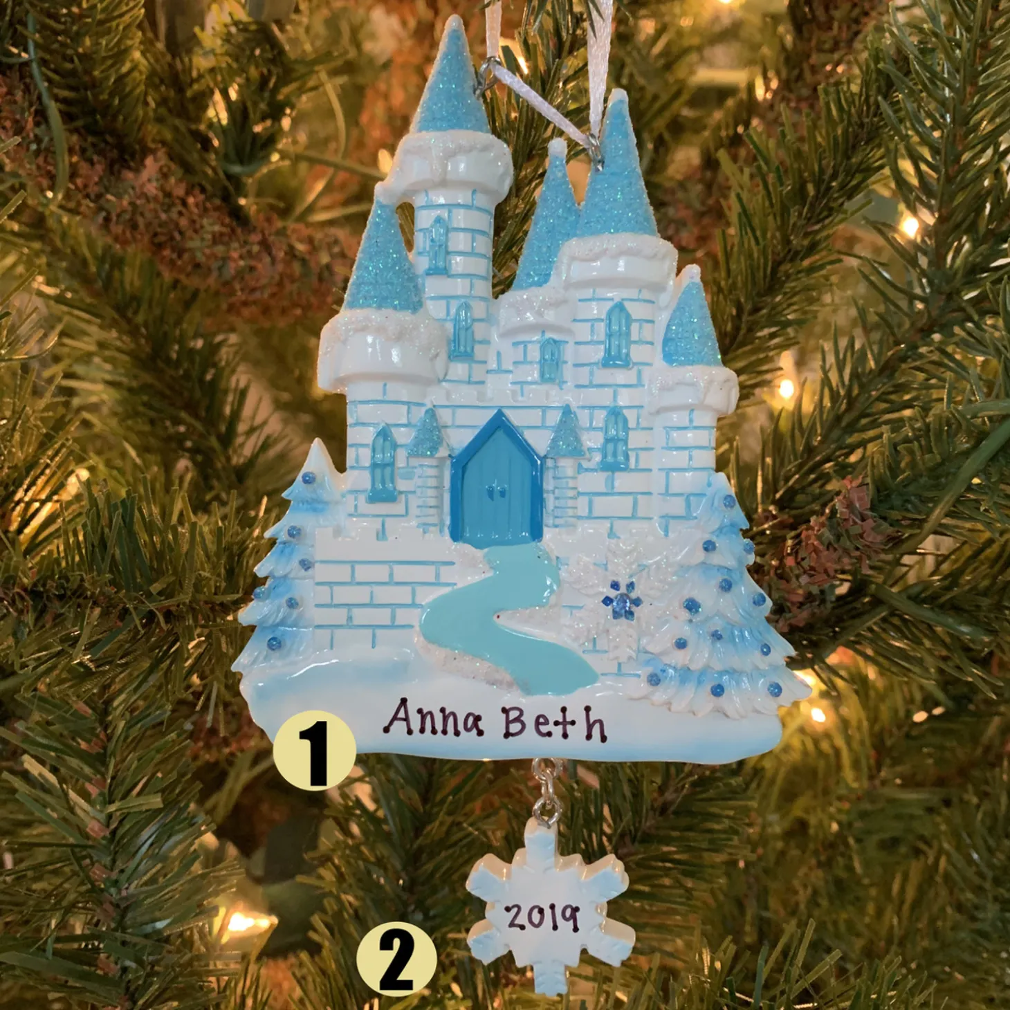 Blue And White Ice Castle Personalized Christmas Ornament OR1462