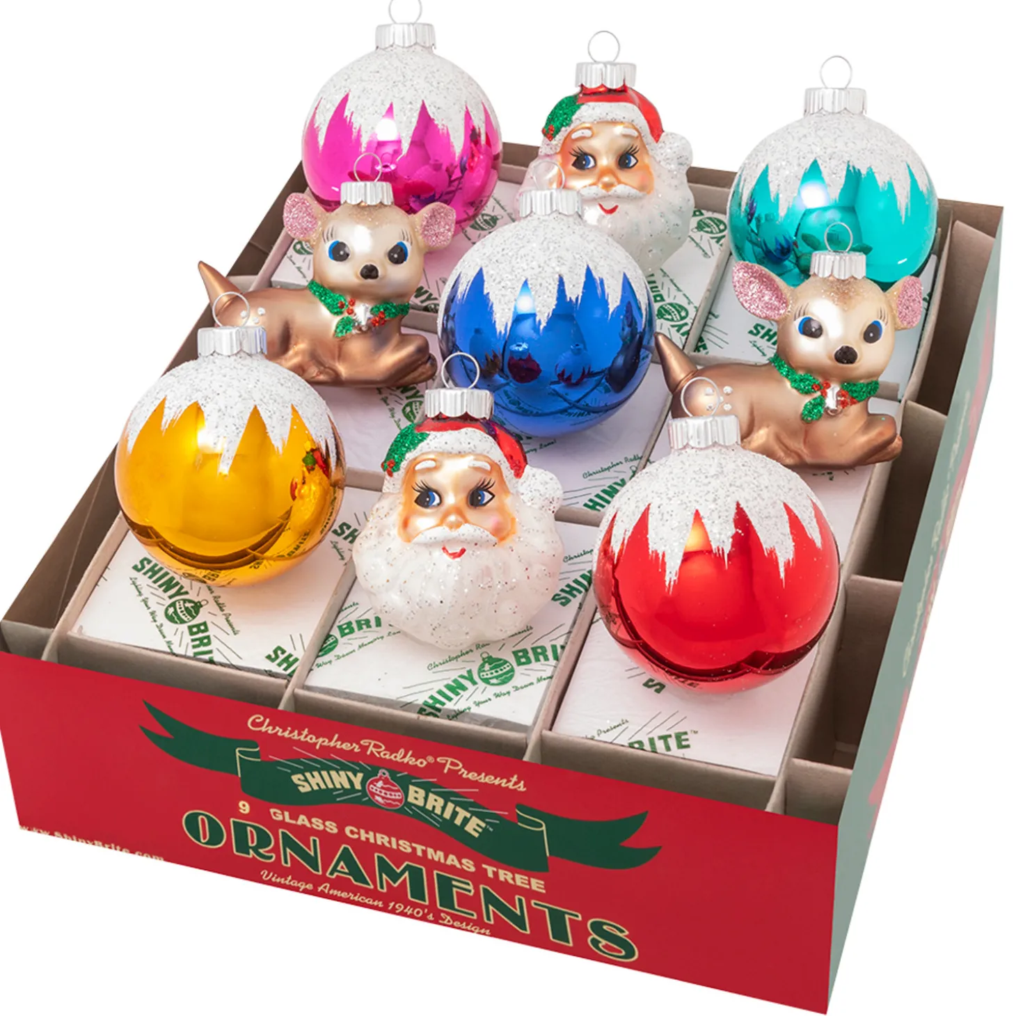 Christopher Radko Shiny Brite Christmas Confetti 2.5" Rounds, Santa, & Deer Christmas Ornaments 4028012