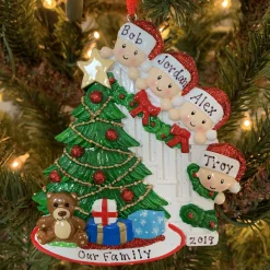 Family Of 4 Around The Christmas Tree Personalized Ornament OR1789-4