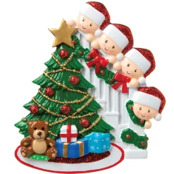 Family Of 4 Around The Christmas Tree Personalized Ornament OR1789-4
