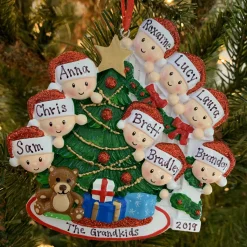 Family Of 9 Around The Christmas Tree Personalized Ornament OR1789-9