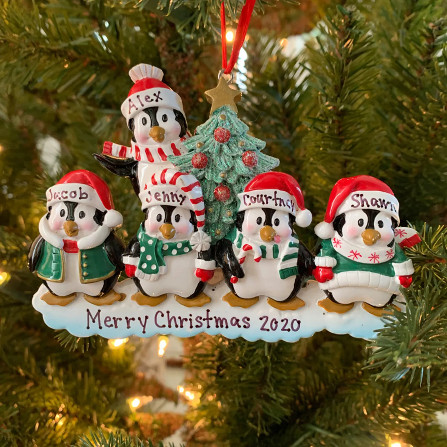 Family Personalized Christmas Ornament With 5 Penguins