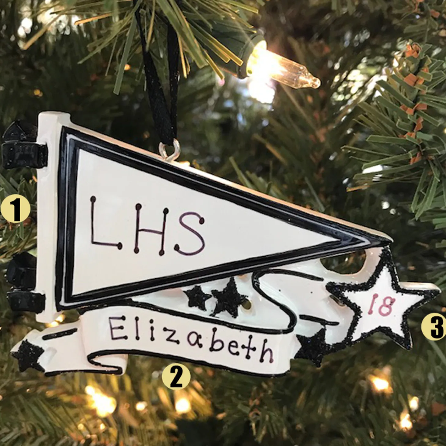 Glittered Black Sports Pennant Personalized Christmas Ornament OR1558-BK