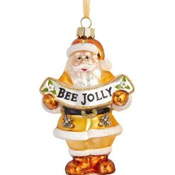 Kurt Adler 4.5" Gold And White Santa With Bee Banner Glass Christmas Ornament T2707