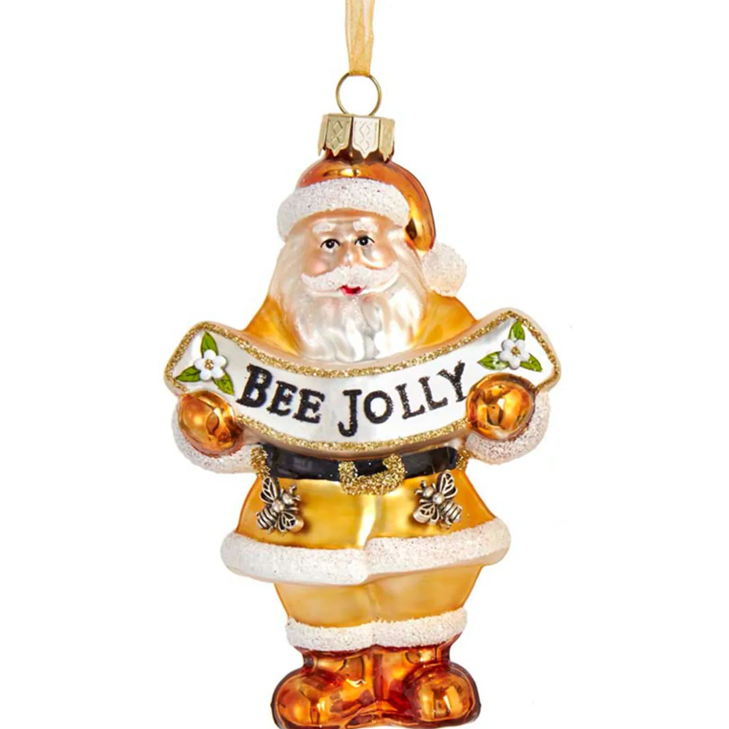 Kurt Adler 4.5" Gold And White Santa With Bee Banner Glass Christmas Ornament T2707